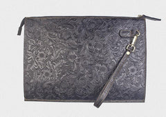 Handmade Leather Floral Tooled Mens Clutch Cool Slim Wallet Zipper Clutch Wristlet Wallet for Men - imessengerbags
