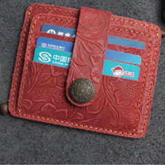 Handmade Leather Floral Mens Cool Front Pocket Wallet Short Wallet Card Holder Small Card Slim Wallets for Men