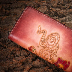 Handmade Leather Mens Clutch Wallet Tooled Cool Ganesha Wallet Long Zipper Wallets for Men