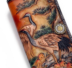 Handmade Leather Mens Clutch Wallet Cool Red-Crowned Crane Tooled Wallet Long Zipper Wallets for Men - imessengerbags