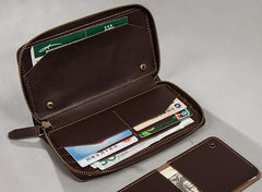 Coffee Leather Mens Zipper Travel Wallet Passport Wallet Clutch Wallets for Men - imessengerbags