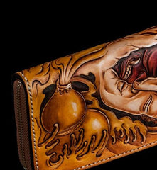 Handmade Leather Mens Clutch Wallet Cool Buddha&Demon Tooled Wallet Long Zipper Wallets for Men - imessengerbags