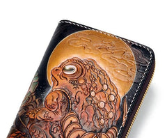 Handmade Leather Mens Clutch Wallet Cool Gold Toad Triped Crow Tooled Wallet Long Zipper Wallets for Men - imessengerbags