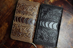 Handmade Leather Mens Tooled Floral Cool Zipper Phone Travel Long Wallet Card Holder Card Slim Clutch Wallets for Men - imessengerbags