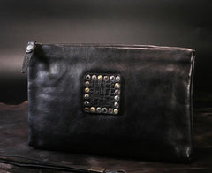 Handmade Leather Mens Clutch Cool Slim Wallet Zipper Clutch Wristlet Wallet for Men