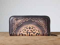 Handmade Genuine Leather Mens Cool Tooled Long Leather Wallet Bifold Clutch Wallet for Men - imessengerbags