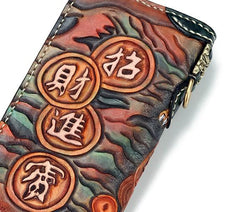 Handmade Leather Fortune Pixiu Mens Chain Biker Wallet Cool Leather Wallet With Chain Wallets for Men