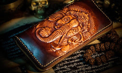 Handmade Leather Tooled Ganesh Mens Chain Biker Wallet Cool Leather Wallet Zipper Long Phone Wallets for Men