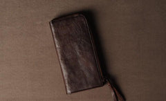 Genuine Leather Mens Cool Long Leather Wallet Cards Phone Zipper Clutch Wristlet Wallet for Men - imessengerbags
