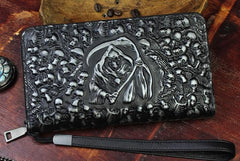 Handmade Leather Mens Tooled Skull Death Cool Zipper Phone Travel Long Wallet Card Holder Card Slim Clutch Wallets for Men - imessengerbags