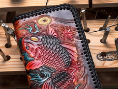 Handmade Leather Mens Clutch Wallet Cool Carp Tooled Wallet Long Zipper Wallets for Men - imessengerbags