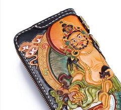 Handmade Leather Tooled Yellow Jambhala Mens Chain Biker Wallet Cool Leather Wallet Zipper Long Phone Wallets for Men