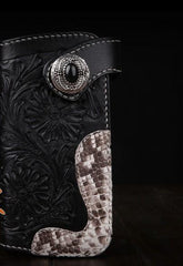 Handmade Leather Mens Cool Black Obsidian Chain Wallet Biker Trucker Wallet with Chain