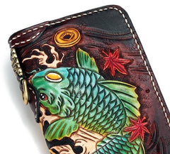 Handmade Leather Carp Mens Chain Biker Wallet Cool Leather Wallet Long Phone Wallets for Men
