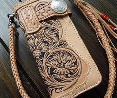 Handmade Leather Biker Wallet Tooled Floral Mens Cool Chain Wallet Trucker Wallet with Chain