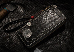 Handmade Leather Python Skin Mens Chain Biker Wallet Cool Leather Wallet Long Phone Wallets for Men