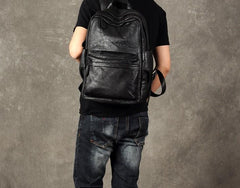 Genuine Leather Mens Cool Backpack Sling Bag Large Black Travel Bag Hiking Bag for men