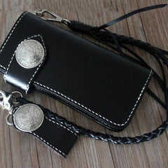 Handmade Leather Mens Cool Black Chain Wallet Biker Trucker Wallet with Chain