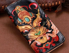Handmade Leather Tooled Monster Mens Chain Biker Wallet Cool Leather Wallet Zipper Long Phone Wallets for Men