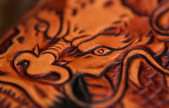 Handmade Leather Tooled Chinese Dragon Mens Chain Biker Wallet Cool Leather Wallet Zipper Long Phone Wallets for Men - imessengerbags