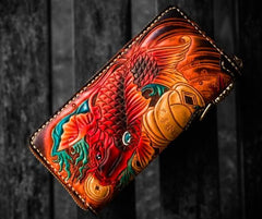 Handmade Leather Tooled Carp Mens Chain Biker Wallet Cool Leather Wallet Long Phone Wallets for Men