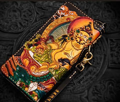 Handmade Leather Tooled Yellow Jambhala Mens Chain Biker Wallet Cool Leather Wallet Zipper Long Phone Wallets for Men - imessengerbags