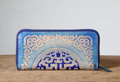 Handmade Genuine Leather Mens Cool Tooled Long Leather Wallet Bifold Clutch Wallet for Men - imessengerbags