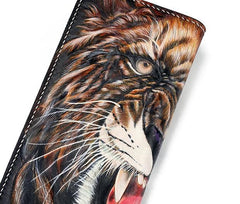 Handmade Leather Tooled Tiger Mens Chain Zipper Biker Wallet Cool Leather Wallet Long Phone Wallets for Men