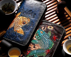 Handmade Leather Carp Mens Chain Biker Wallet Cool Leather Wallet Long Phone Wallets for Men - imessengerbags