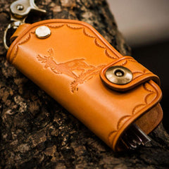 Handmade Leather Tooled Mens Cool Car Key Wallet Coin Wallet Pouch Car KeyChain for Men - imessengerbags