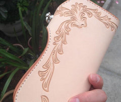 Handmade Leather Biker Wallet Tooled Floral Mens Cool Chain Wallet Trucker Wallet with Chain