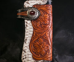 Handmade Mens Cool Tooled Boa Skin Floral Leather Chain Wallet Biker Trucker Wallet with Chain