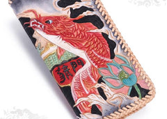 Handmade Leather Mens Clutch Wallet Cool Carp Tooled Wallet Long Zipper Wallets for Men - imessengerbags