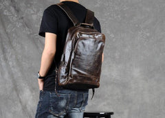 Genuine Leather Mens Cool Backpack Sling Bag Large Black Travel Bag Hiking Bag for men - imessengerbags