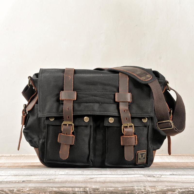 Cool Canvas Leather Mens Waterproof Black Side Bag Courier Bag Blue Messenger Bag for Men - imessengerbags