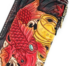 Handmade Leather Carp Mens Chain Biker Wallet Cool Leather Wallet Long Phone Wallets for Men