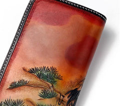 Handmade Leather Mens Clutch Wallet Cool Red-Crowned Crane Tooled Wallet Long Zipper Wallets for Men - imessengerbags