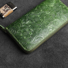 Handmade Leather Floral Mens Cool Travel Long Wallet Card Holder Card Slim Clutch Wallets for Men - imessengerbags