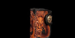 Handmade Leather Tooled Chinese Dragon Biker Wallet Mens Cool Short Chain Wallet Trucker Wallet with Chain - imessengerbags