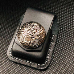 Brown Handmade Leather Mens Chinese Lion Zippo Lighter Holders Lighter Case For Men