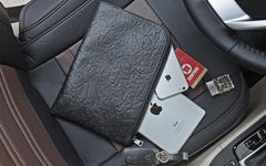 Handmade Leather Black Mens Clutch Cool Slim Wallet Zipper Clutch Wristlet Wallet for Men