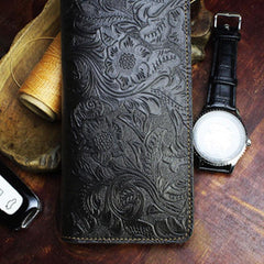 Handmade Leather Floral Mens Cool Travel Long Wallet Card Holder Card Slim Clutch Wallets for Men - imessengerbags