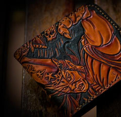 Handmade Leather Chinese Black&White Tooled Mens billfold Wallet Cool Leather Wallet Slim Wallet for Men - imessengerbags