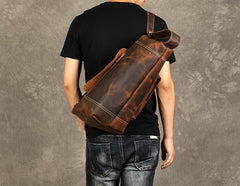 Genuine Leather Mens Cool Chest Bag Sling Bag Crossbody Bag Travel Bag Hiking Bag for men