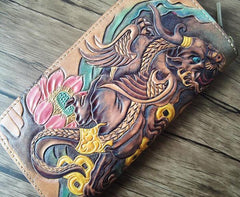 Handmade Leather Chinese Lion Tooled Mens Long Wallet Cool Leather Wallet Clutch Wallet for Men - imessengerbags