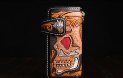 Handmade Leather Skull Mens Chain Biker Wallet Cool Leather Wallet Long Tooled Wallets for Men