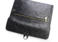 Handmade Leather Floral Tooled Mens Clutch Cool Slim Wallet Zipper Clutch Wristlet Wallet for Men