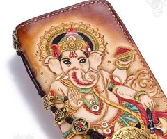Handmade Leather Ganesha Mens Chain Biker Wallet Cool Leather Wallet With Chain Wallets for Men - imessengerbags