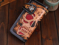 Handmade Leather Skull Mens Chain Biker Wallet Cool Leather Wallet Long Tooled Wallets for Men