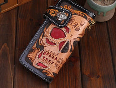 Handmade Leather Skull Mens Chain Biker Wallet Cool Leather Wallet Long Tooled Wallets for Men